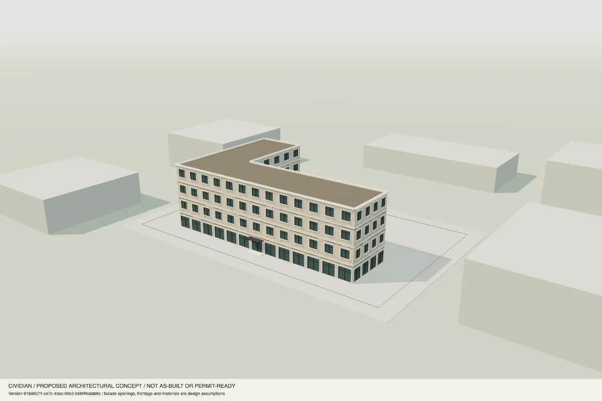 An L-shaped limestone concept with shops at street level.