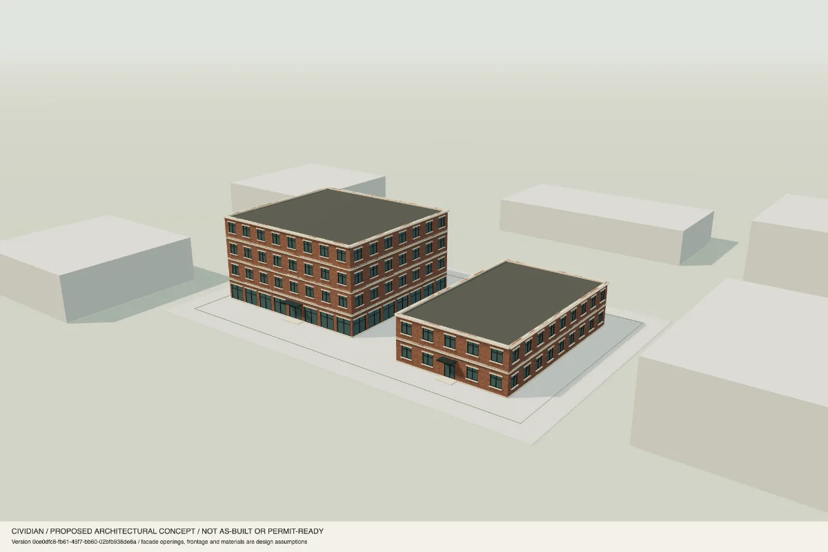 Editable four-story brick infill and companion townhomes beside illustrative neighboring buildings