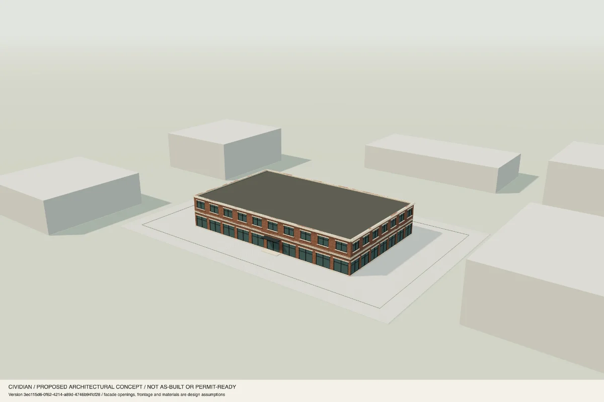 A two-story brick concept for retail and workspace.